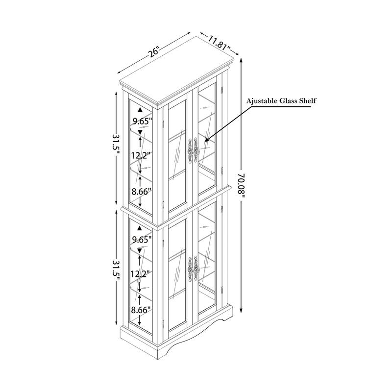 70" Lighted Glass Curio Display Cabinet with Wood Frame, Adjustable Shelves & Six-Tier Storage for Wine, Toys & Collectibles