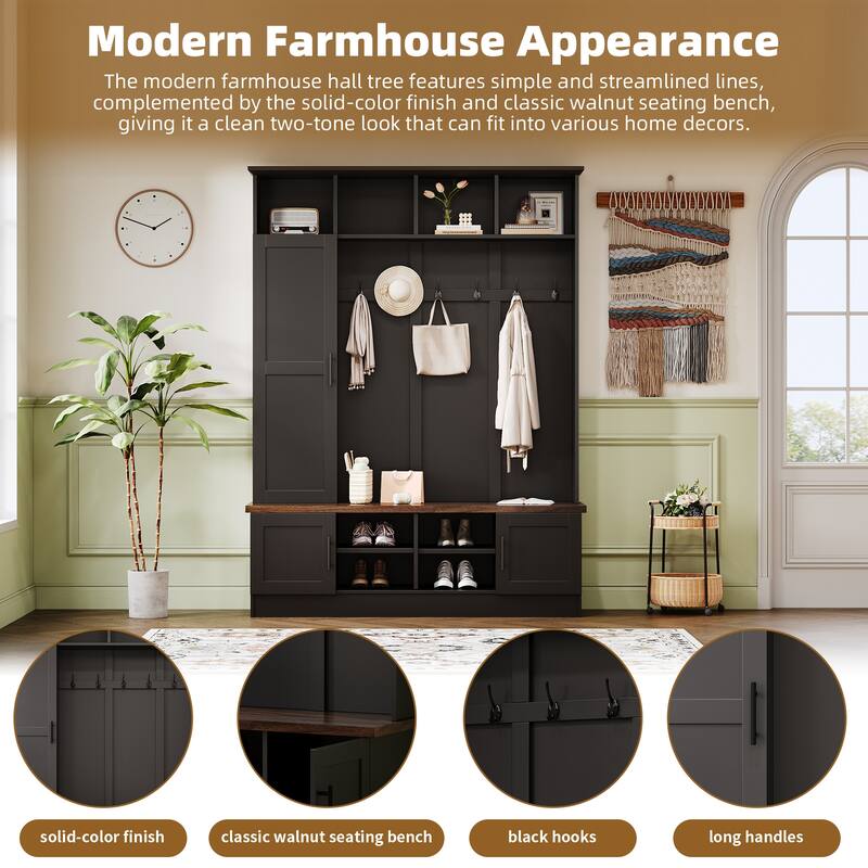 Versatile 3-in-1 Farmhouse Hall Tree with with 6 Hooks & Adjustable Shelves - Walnut Storage Benchr