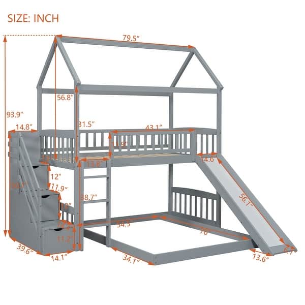 Grey Twin Over Twin Wood House Bunk Bed with Two Drawers and Slide