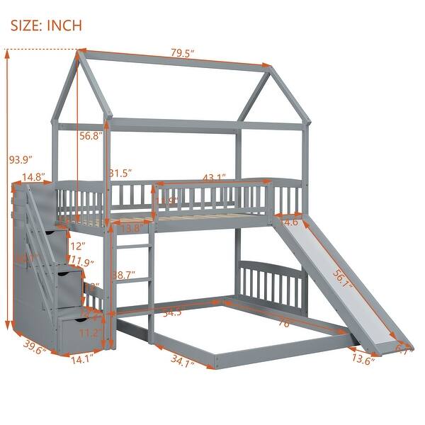 dimension image slide 1 of 2, Twin Over Twin House Bunk Bed with Two Drawers and Slide, Grey