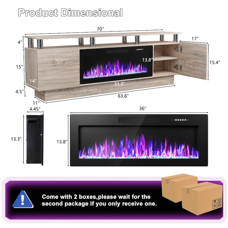 BOSSIN 70" Modern Electric Fireplace TV Stand, with Electronic Flame and LED Lights, High Gloss Finish Entertainment Center