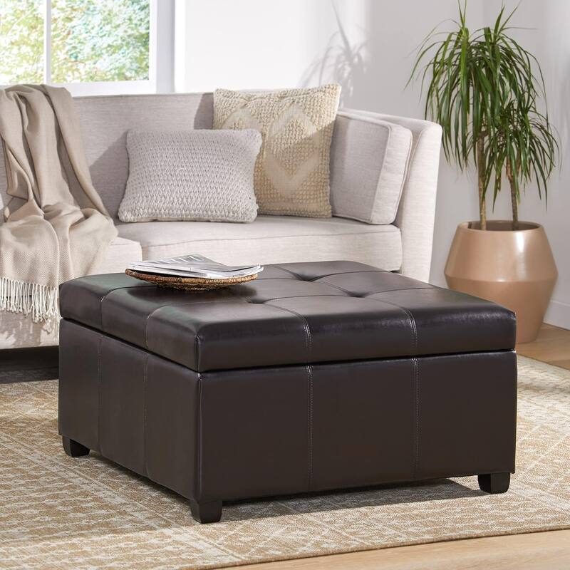 Roomfitters Faux Leather Storage Ottoman with Lift-Top Lid, Square Coffee Table Bench for Living Room, Espresso