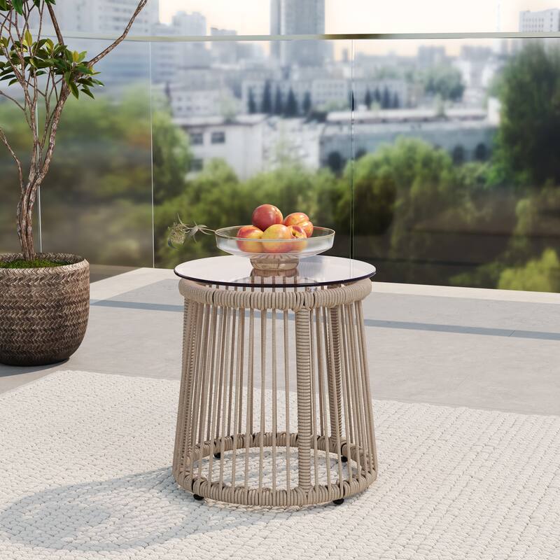 Roomfitters Moonstone Outdoor Woven Rope Side Table with Tempered Glass Top, Modern Drum Design, Light Brown - Light Brown