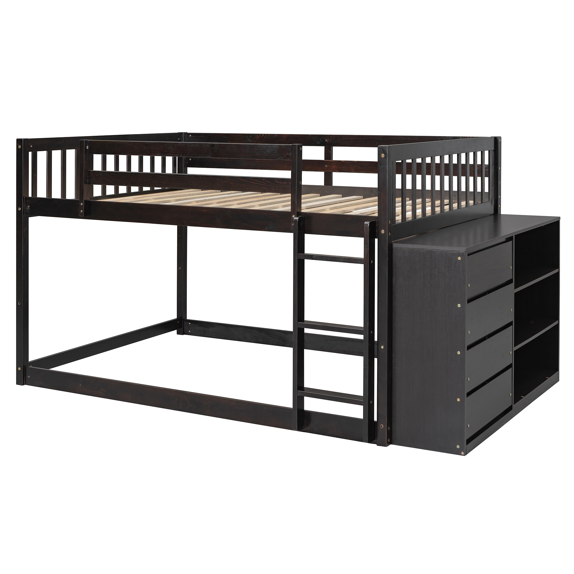 Full Over Full Wood Floor Bunk Bed with 4 Drawers & 3 Shelves,Espresso