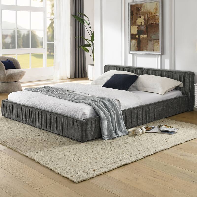 Queen Size Chenille Upholstered Bed Frame w/ Headboard and Wood Frame