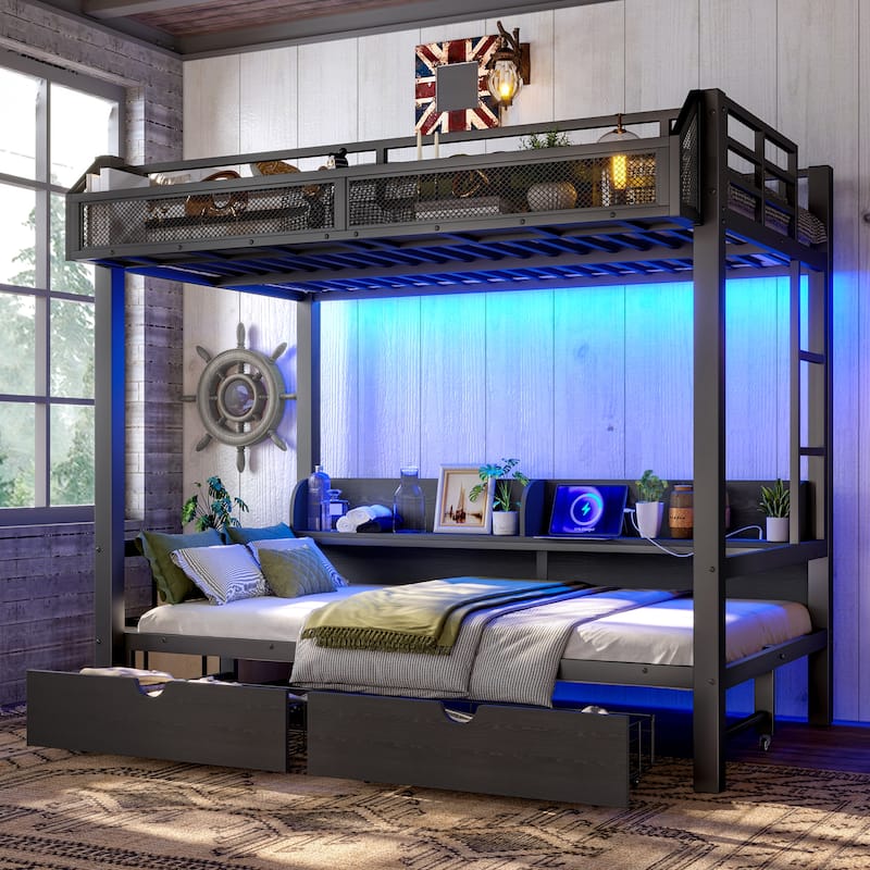 Twin over Twin Bunk Bed with Storage Shelves and Drawers, Multifunctional Metal Bunk Beds with USB Ports and LED Lights