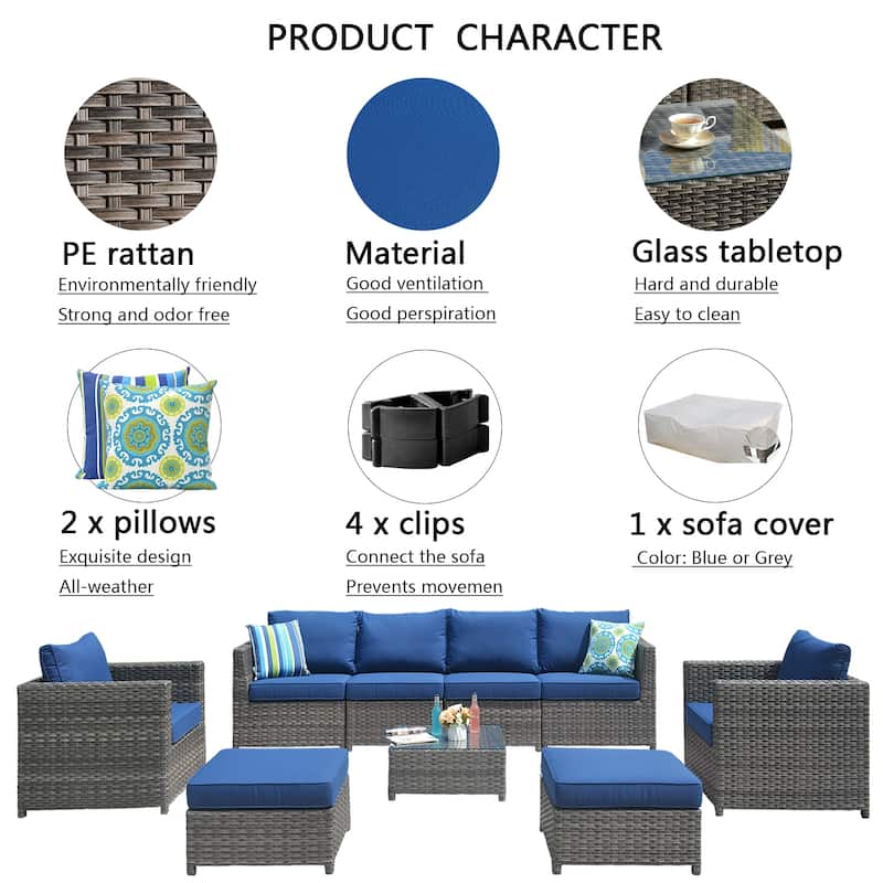 OVIOS Patio Furniture Deep Seat Wicker 9-piece Set