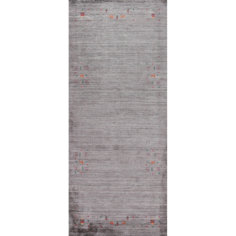 Hand Knotted Oriental 100% Wool Carpet Tribal Tribal Greys & Charcoal Gabbeh Runner Rug - 9' 9'' X 3' 2''