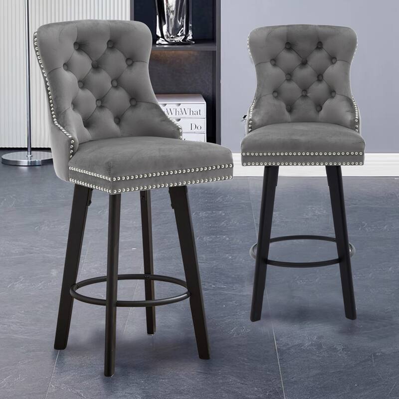 Modern Swivel Bar Stools, Dark Gray Velvet with Button Tufting & Rivet Trim, Large Backrest & Footrest, Set of 2