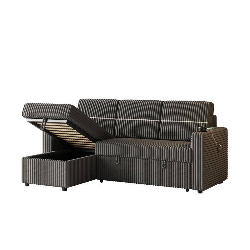 3-Seater Sleeper Sofa Bed with Corduroy Fabric, Storage Chaise, USB Charger, and Cup Holders
