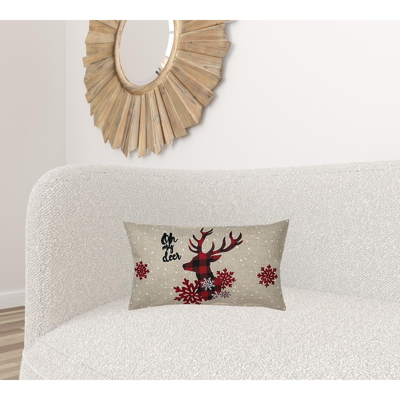 HomeRoots 12" X 20" Beige and Red Deer Christmas Reindeer Linen Blend Zippered Pillow With Embroidery