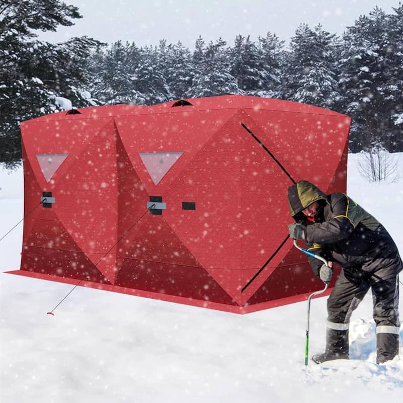 7-8 Person Ice Fishing Shelter Insulated Pop-Up Portable Tent - Red