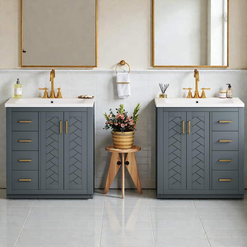 60" Modern Bathroom Vanity with Separate Ceramic Sink, Solid Wood and MDF Storage Cabinet, Soft Closing Doors