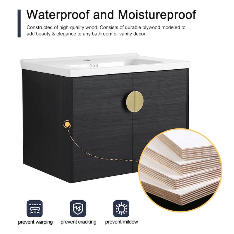 Malwee 24"/28" Floating Bathroom Vanity, Wall Mounted Bathroom Vanity with Ceramic Sink and Soft Close Door