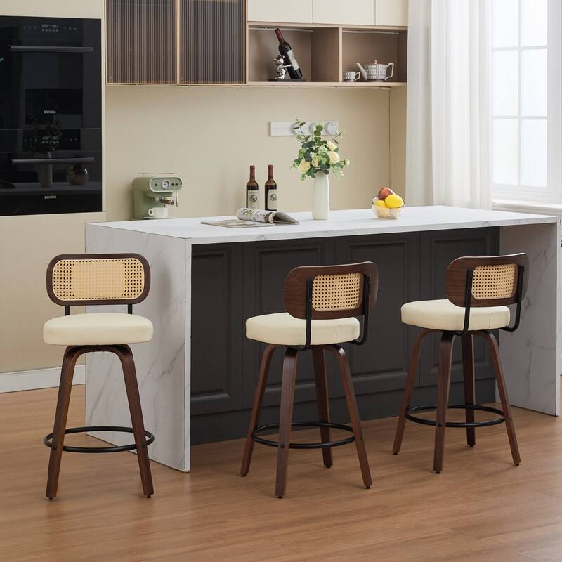 Grondin Swivel Counter Height Bar Stools Set, Rattan Backrest and PU Leather Upholstery Seat Counter Stools for Kitchen Island - Beige - Set of 3 - Set of 3