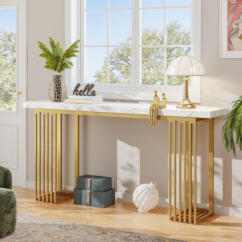 Modern MDF Console Table with Faux Marble Top & Metal Base, 63" Narrow Long Sofa Table for Entryway, Hallway, Living Room - 𝐖𝐡𝐢𝐭𝐞 & 𝐆𝐨𝐥𝐝