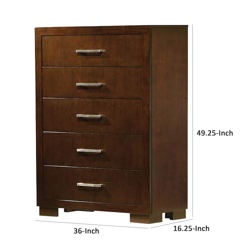 Bela 49 Inch 5 Drawer Tall Dresser Chest, Felt Lined, Silver Handles, Brown