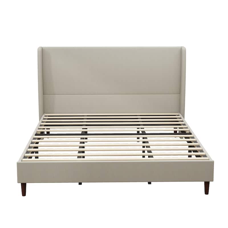 Wingback Upholstered Bed Platform Bed with High Headboard, Solid Wood Legs and Wooden Slats - Available Chenille or Linen
