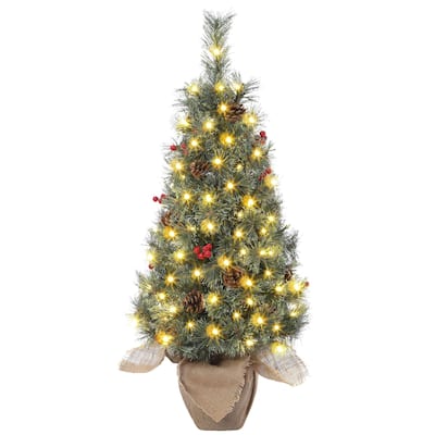 Mini Christmas Tree with 78 LED Lights Cloth Bag Base & Pine Cones & Red Berries