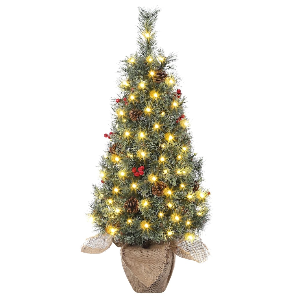 Mini Christmas Tree with 78 LED Lights Cloth Bag Base & Pine Cones & Red Berries
