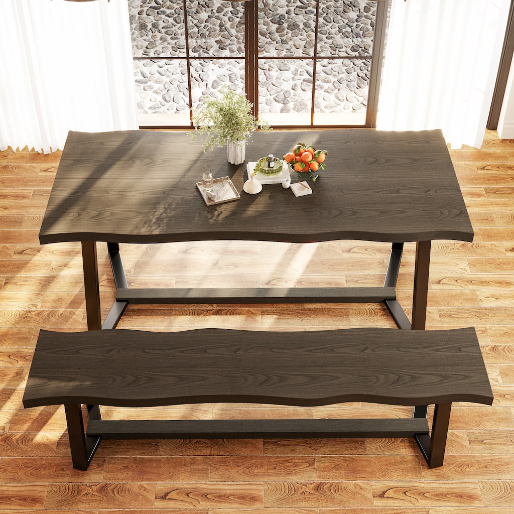 Rustic Elm Wood Dining Table Set with Black Bench – Modern Farmhouse Kitchen Table