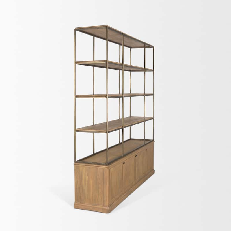 Baron Light / Dark Brown Wood w/ Antiqued Aged Brass Metal 2-Door / 4-Door Open Shelving Unit
