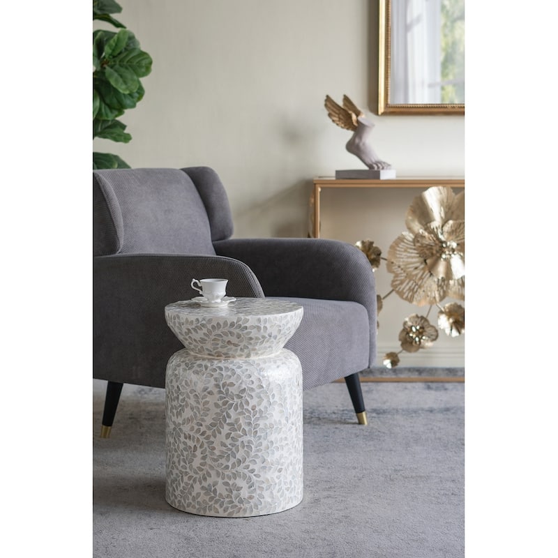 Round Bamboo Accent Table with White Capiz Shell Design