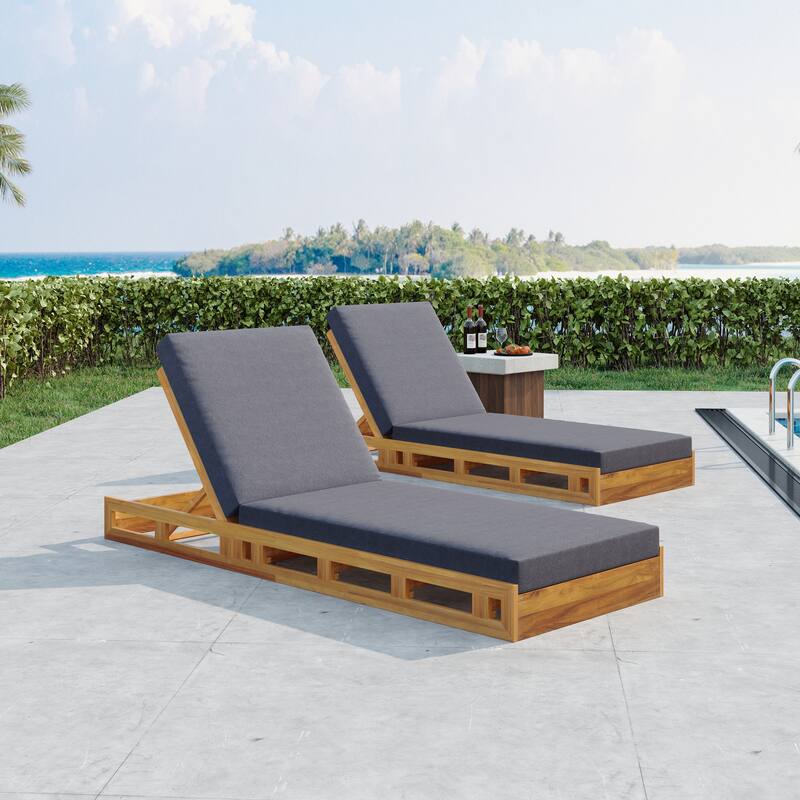 Roomfitters Outdoor Acacia Wood Chaise Lounge with 4 Inch Thick Water-Resistant Cushions Teak Finish