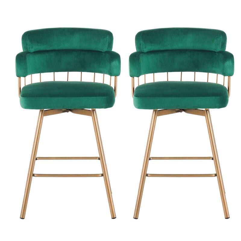 Roomfitters 26-Inch Swivel Counter Height Bar Stools Set of 2, Modern Industrial Upholstered Bucket Seat with Golden Legs, Green