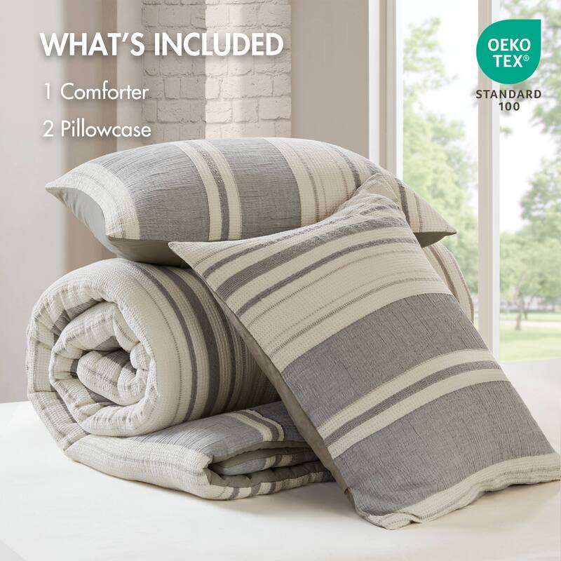 GDF Studio - Amara Textured Cotton Comforter 3-Piece Set with Waffle and Gauze Weave
