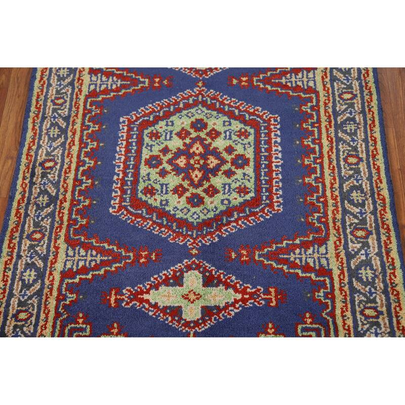 Blue Geometric Viss Oriental Foyer Rug Hand-Knotted Wool Carpet - 3'0" x 5'1"