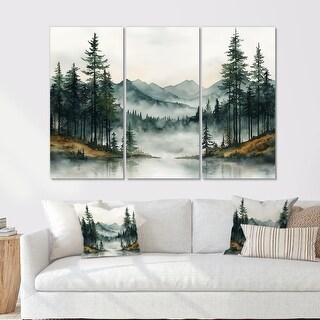 Designart "Green Pine Trees Mist Morning I" Tree Pine Canvas Set Of 3 ...