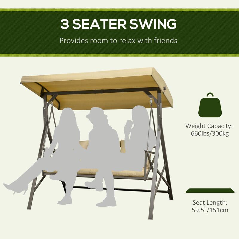 Outsunny 3-Seat Patio Swing Chair, Outdoor Canopy Swing Glider with Cushion with 3 Throw Pillows & Adjustable Shade for Porch