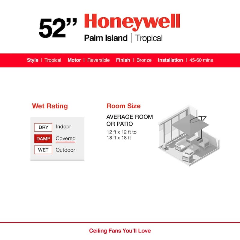 52" Honeywell Palm Island Bronze Indoor/Outdoor Ceiling Fan with No Light, Pull Chain, 5 Palm Leaf Blades