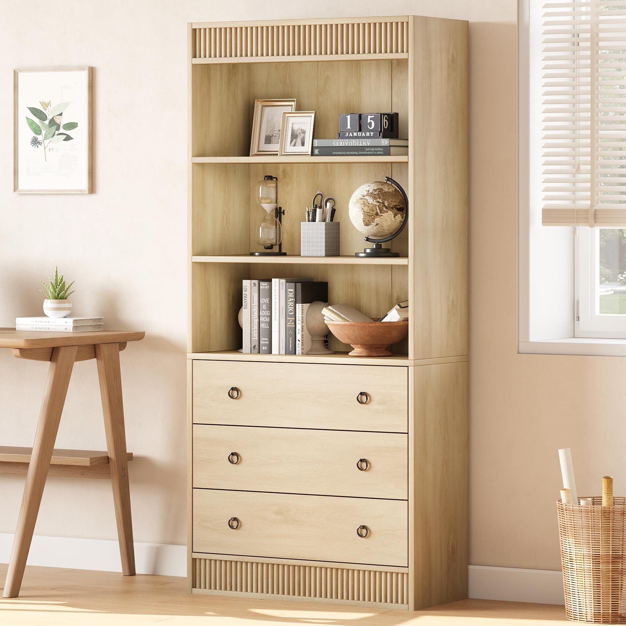 Fluted Bookshelf with Drawers, 6-Tier Tall Bookcase with Cabinet, Modern Wood Display Shelf