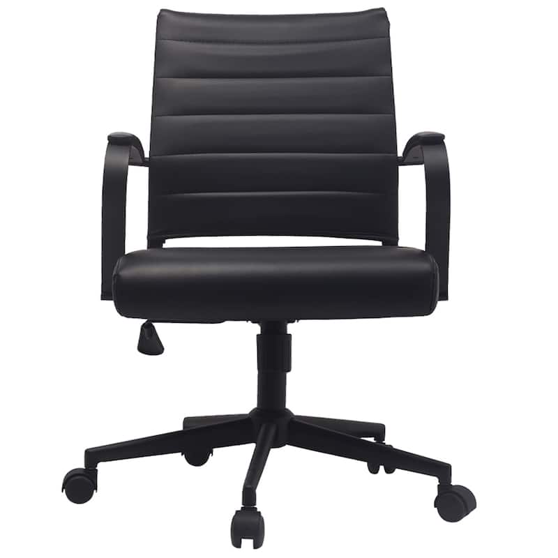 Modern Office Desk Chair Mid Back Ribbed PU Leather Armless Conference Task Chair with Padded Foam Seat, Tan