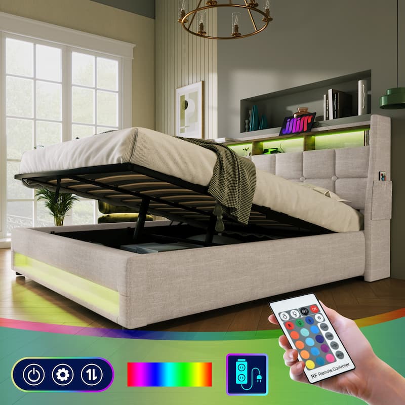 Full Size Upholstered Platform Bed with Hydraulic Storage System, LED and USB Charging