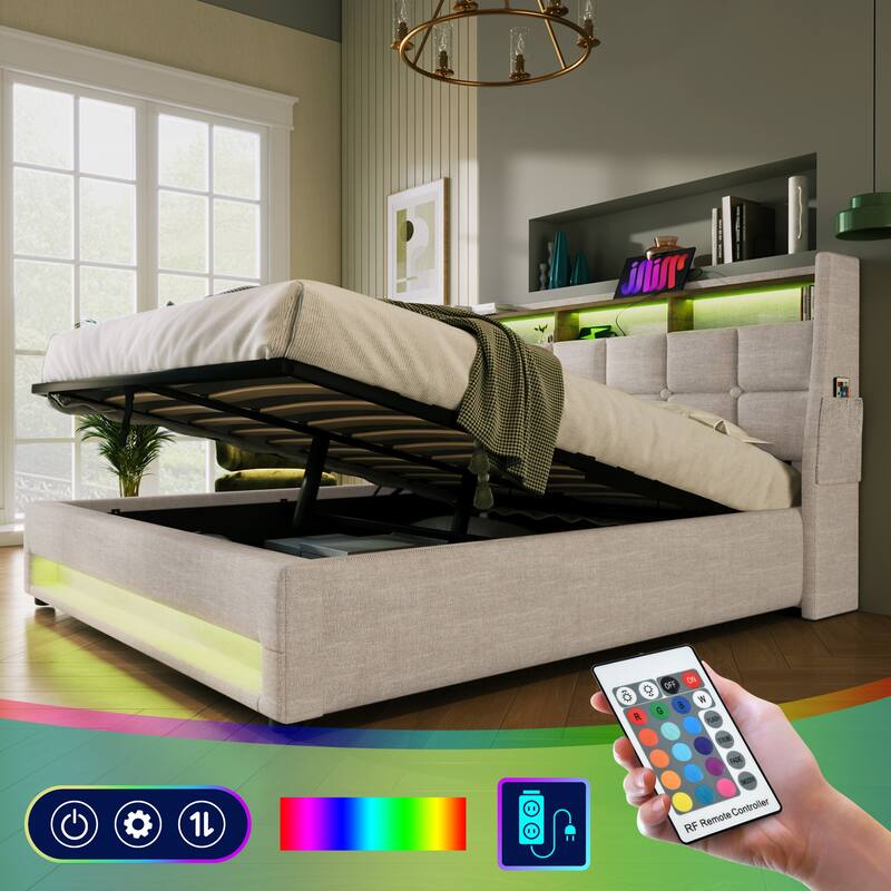 Queen Size Upholstered Bed with Hydraulic Storage, LED, and USB Charging