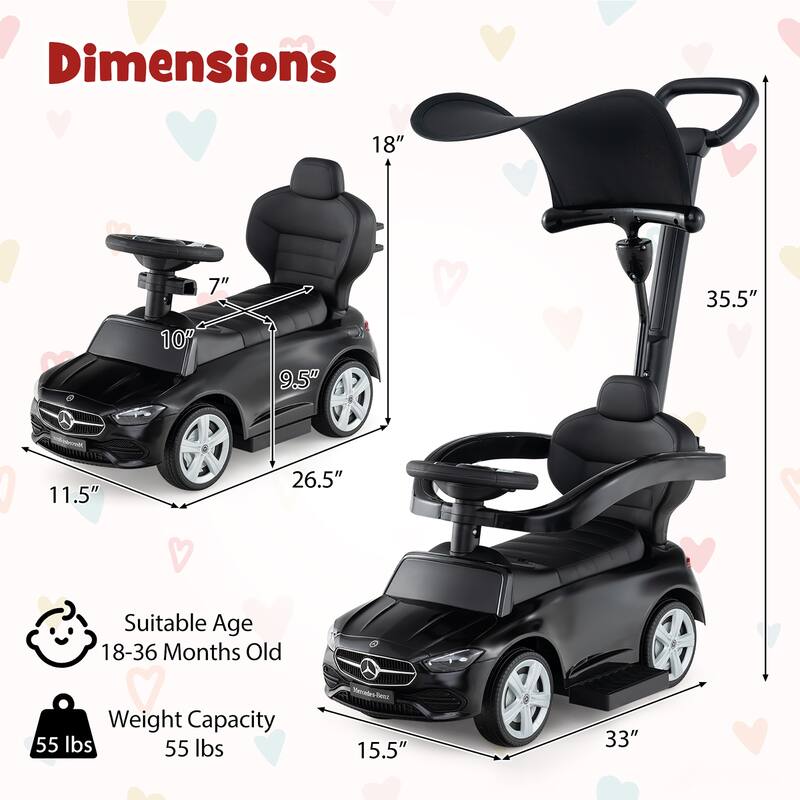 Gymax 3-in-1 Toddler Push Car w/Adjustable Canopy Under Seat Storage