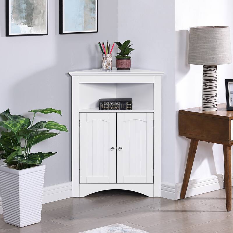 Roomfitters Corner Storage Cabinet with Doors and Open Shelf, Free Standing Sideboard Cabinet for Bathroom, Kitchen, or Entryway