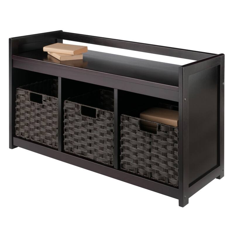 Addison 4-Pc Storage Bench with 3 Foldable Woven Baskets, Espresso and Chocolate - 37.4 x 13.5 x 20.87