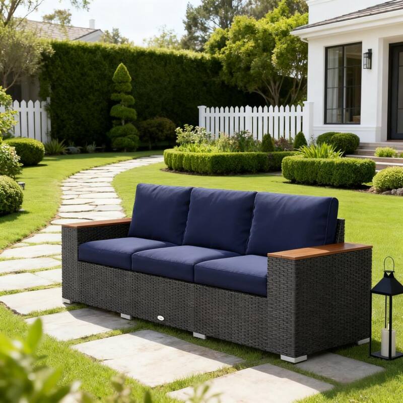 GDFStudio - Outdoor PE Rattan 89" 3-Seat Patio Sofa with Cushions - Brown