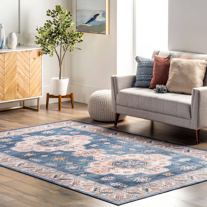 Nuloom Norma SpinClean Machine Washable Traditional Medallion Area Rug - 4' x 6' - Blue - Rectangle