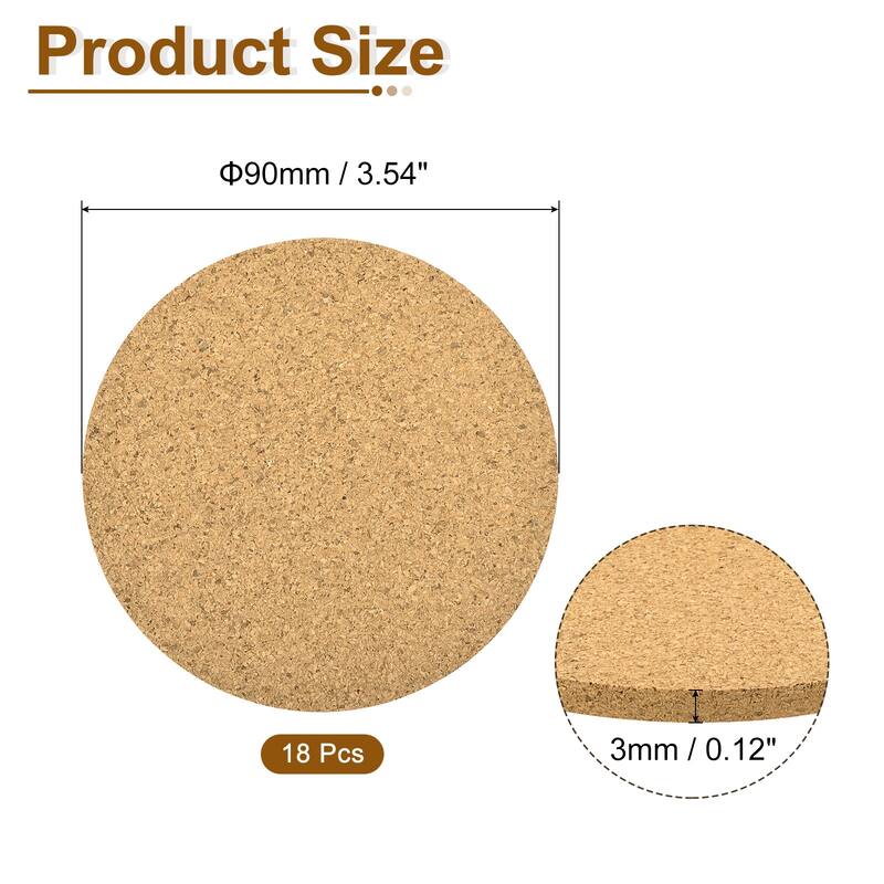 Cork Coaster for Drink, Round Cork Mats 3mm Thick - Brown - 18Pcs - 90mm Dia, 3mm Thick