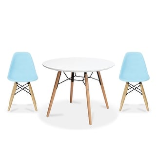 Overstock 2xhome Modern Accent Kids Toddler Children Side Armless Chair and Round Table Combo with Eiffel Natural Wooden Legs for Dining (Blue)