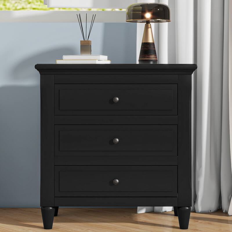 Black MDF Nightstand 3 Drawer Wooden Storage Cabinet for Bedroom Living Room - Black