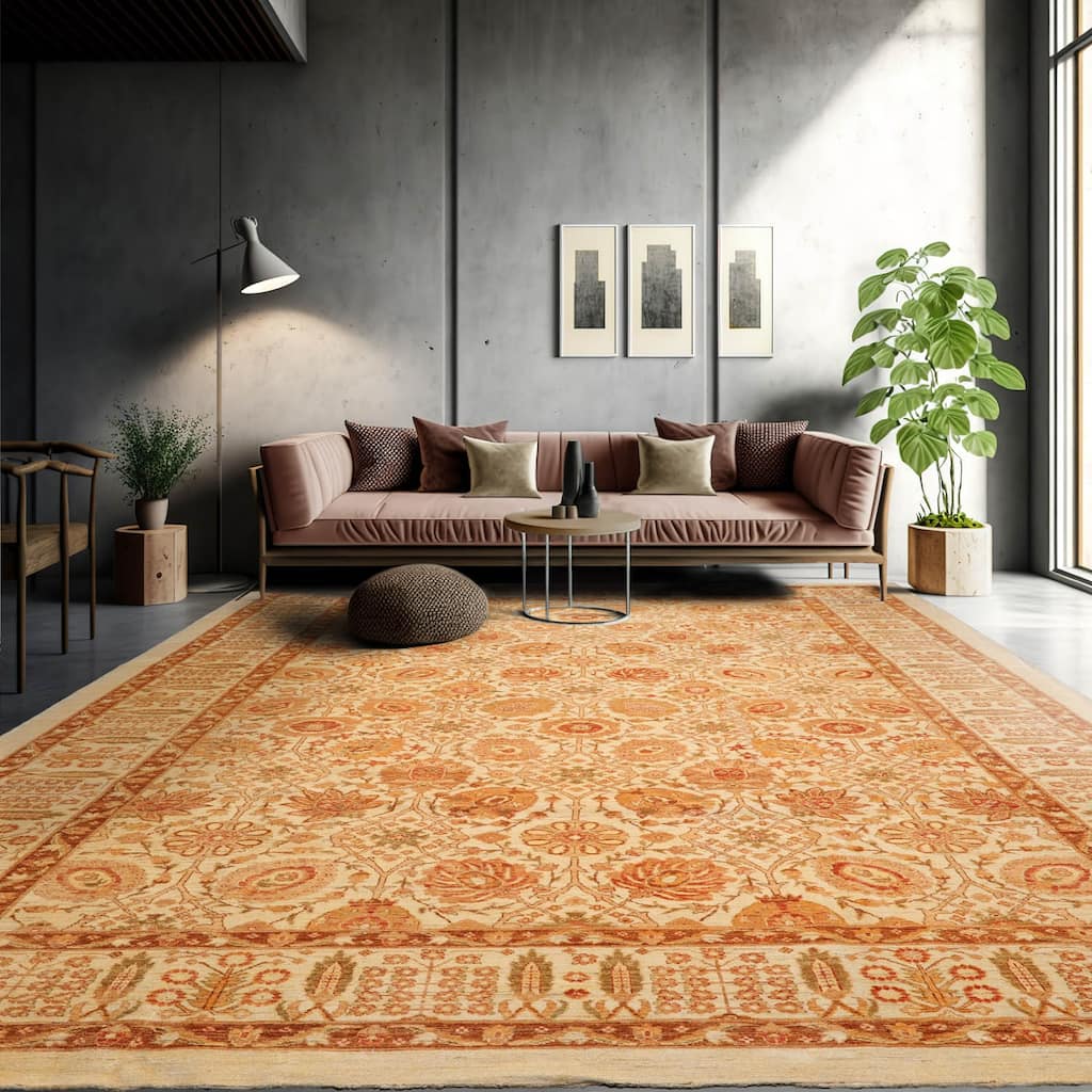 Hand Knotted Peshawar Ivory, Brown Wool Traditional Oriental Area Rug - 10' 4'' x 13' 7''