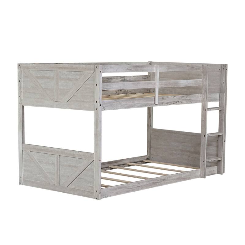 Twin over Twin Floor Bunk Bed w/ Headboard,Footboard,Safety Guardrails