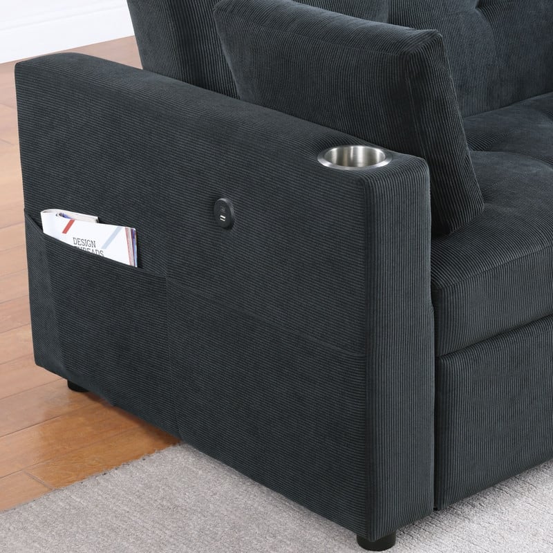 Luelle 57"W Corduroy Convertible Sleeper Loveseat with Cupholders, USB Ports, Magazine Pockets, Pillows, Tufting