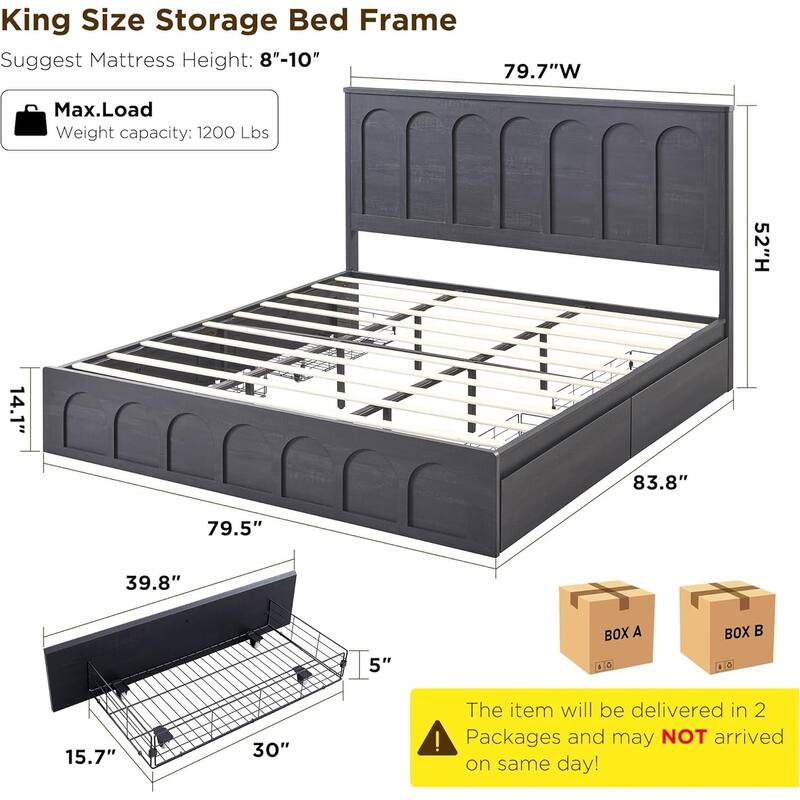 Modern King Size Bed Frame, 52" Tall Arched Recessed Headboard